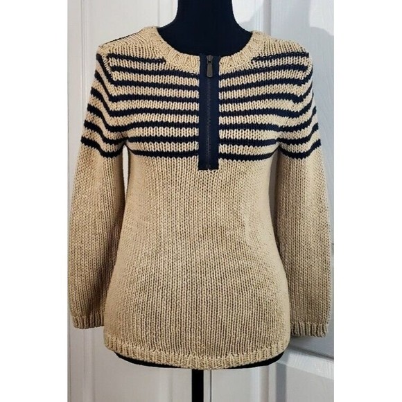 The Loft Women 100% Cotton Beige Chunky Knit Sweater Heavy Weight Back Zip S EUC - Picture 3 of 7